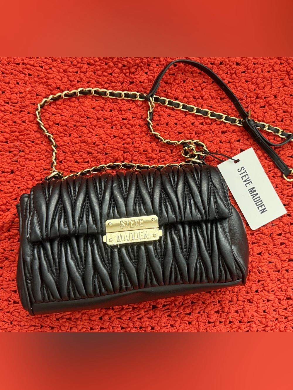 Steve Madden Black Quilted Chain-Handle Crossbody with Gold Plate